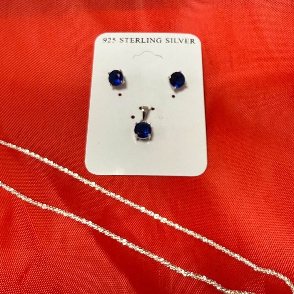 925 Sterling Silver Twisted Rock Necklace + Blue Sapphire Earrings & Pendant